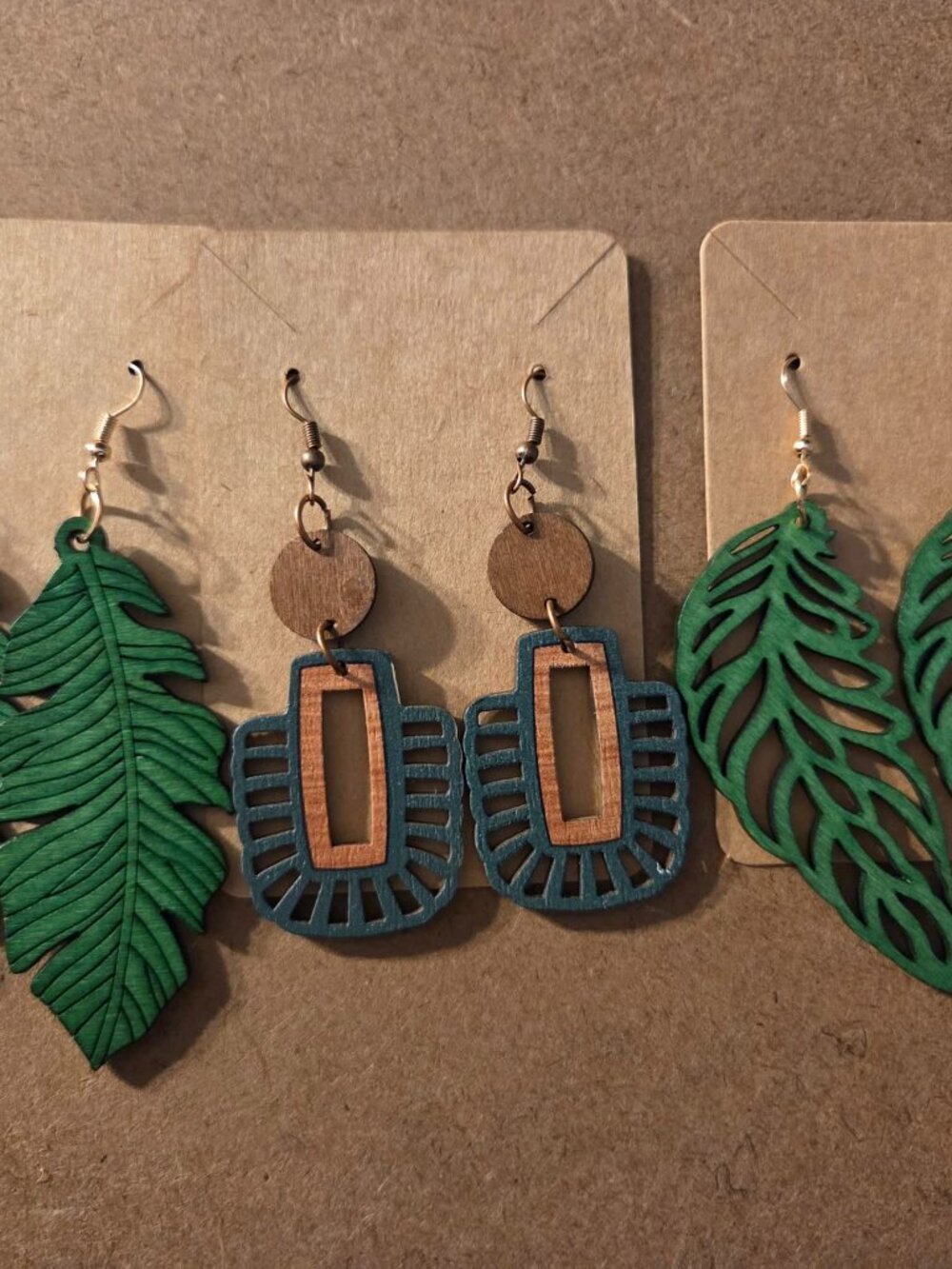 Green Leaf & Geometric Wood Earrings Set Lot